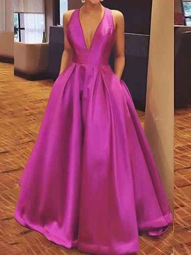 A-line V-neck Satin Floor-length Bow Prom Dresses #Milly020106112