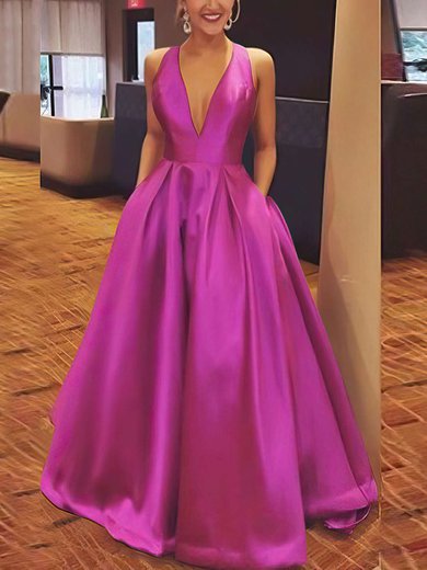 A-line V-neck Satin Floor-length Bow Prom Dresses #Milly020106112