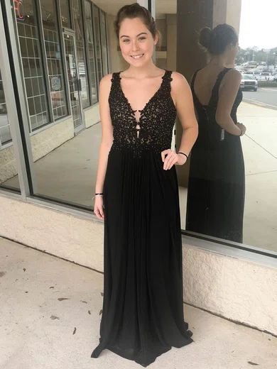 A-line V-neck Chiffon Floor-length Beading Prom Dresses #Milly020105038