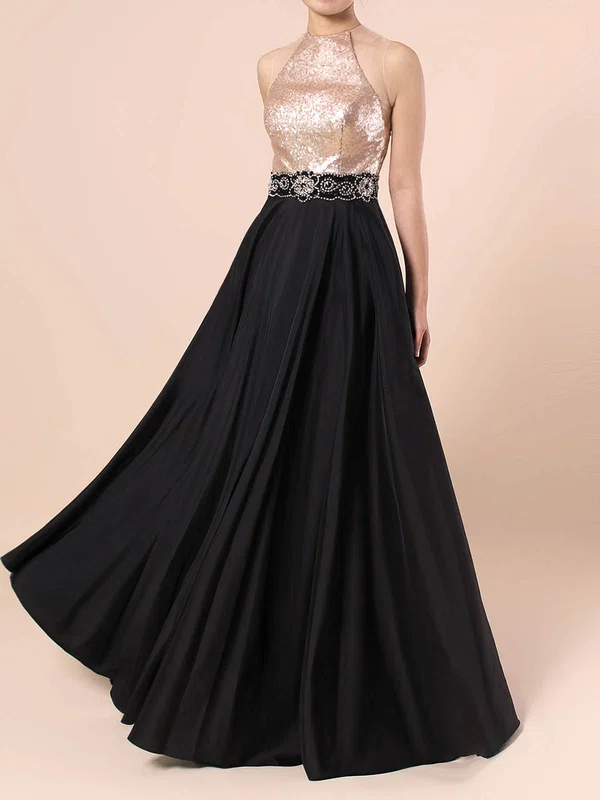 A-line Scoop Neck Satin Sequined Floor-length Beading Prom Dresses #Milly020105061