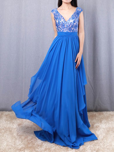 A-line V-neck Chiffon Floor-length Appliques Lace Prom Dresses #Milly020105064