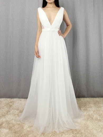 A-line V-neck Tulle Floor-length Sashes / Ribbons Prom Dresses #Milly020105079