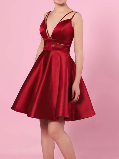 A-line V-neck Satin Short/Mini Pockets Short Prom Dresses #Milly020105080