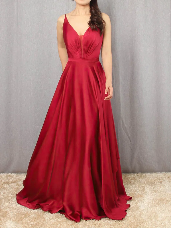A-line V-neck Satin Chiffon Floor-length Sashes / Ribbons Prom Dresses #Milly020105086
