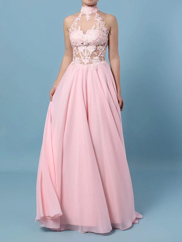 A-line High Neck Chiffon Floor-length Appliques Lace Prom Dresses #Milly020105092