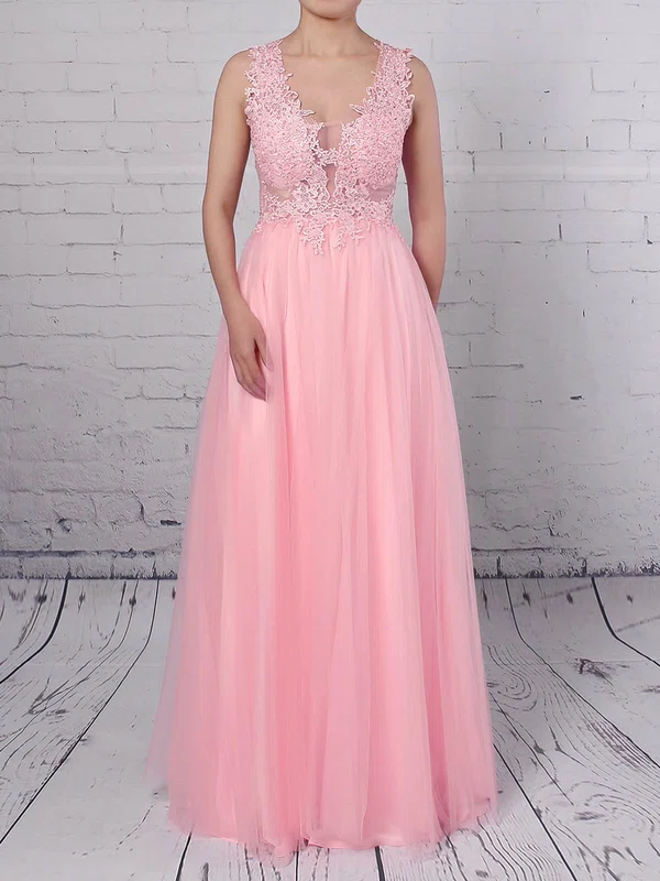 A-line V-neck Tulle Floor-length Beading Prom Dresses #Milly020105093