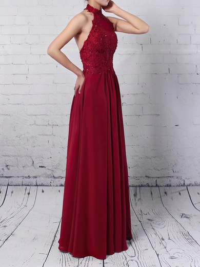 A-line Halter Chiffon Floor-length Appliques Lace Prom Dresses #Milly020105094