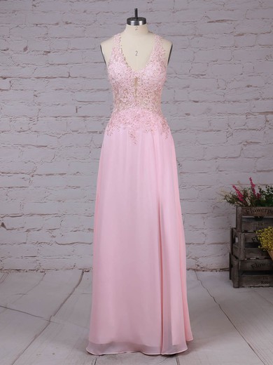 A-line V-neck Chiffon Floor-length Appliques Lace Prom Dresses #Milly020105116