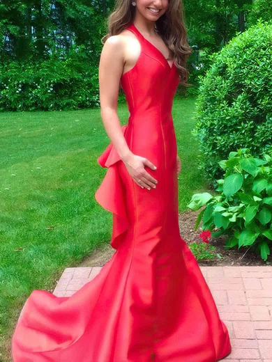 Mermaid V-neck Satin Ruffle Prom Dresses #Milly020105135