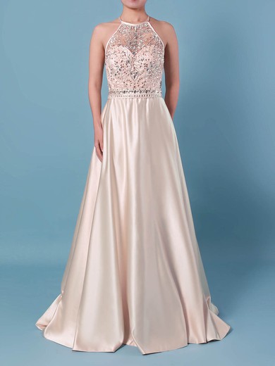 Ball Gown Scoop Neck Satin Sweep Train Beading Prom Dresses #Milly020105136