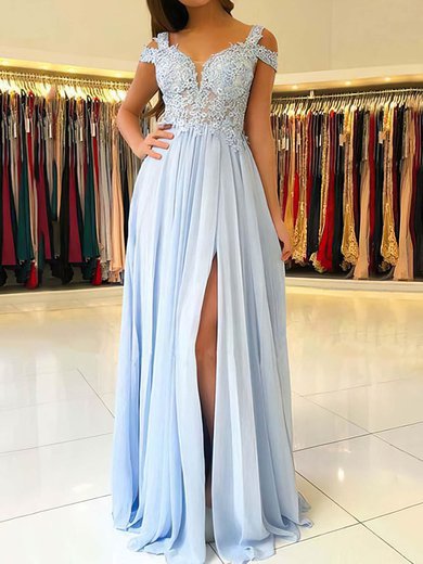 A-line Floor-length V-neck Chiffon Beading Prom Dresses #Milly020105842