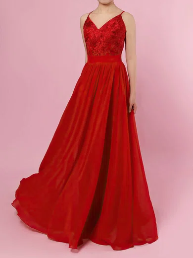 A-line V-neck Chiffon Floor-length Beading Prom Dresses #Milly020105860