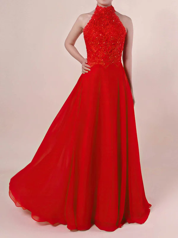 A-line High Neck Lace Chiffon Floor-length Beading Prom Dresses #Milly020105863