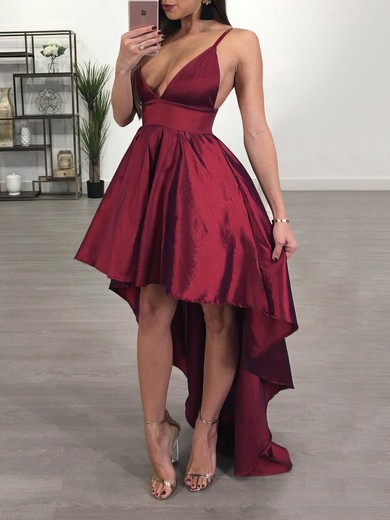A-line V-neck Satin Asymmetrical Prom Dresses #Milly020105866