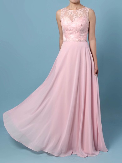 A-line Scoop Neck Lace Chiffon Floor-length Beading Prom Dresses #Milly020105877