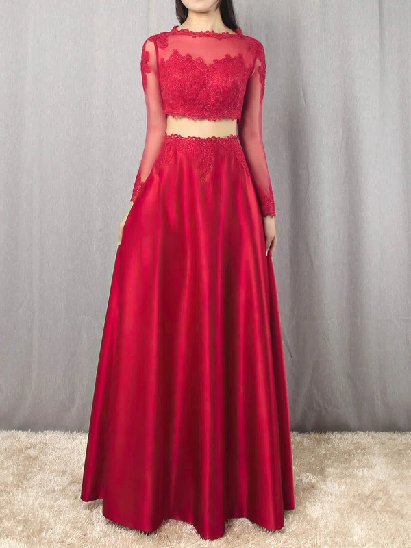 A-line Scoop Neck Satin Floor-length Appliques Lace Prom Dresses #Milly020105879