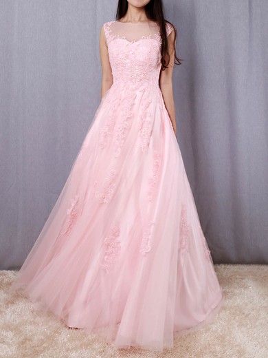 Princess Scoop Neck Tulle Floor-length Appliques Lace Prom Dresses #Milly020105893