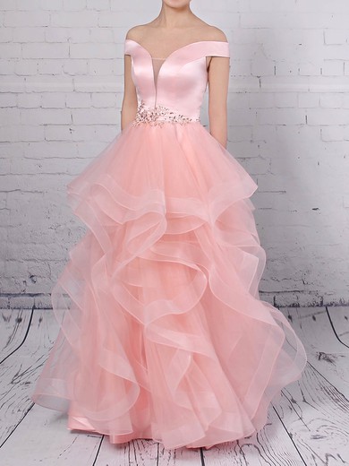 Ball Gown Off-the-shoulder Satin Organza Floor-length Beading Prom Dresses #Milly020105909