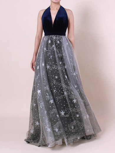 Princess Halter Tulle Velvet Sweep Train Sequins Prom Dresses #Milly020105920