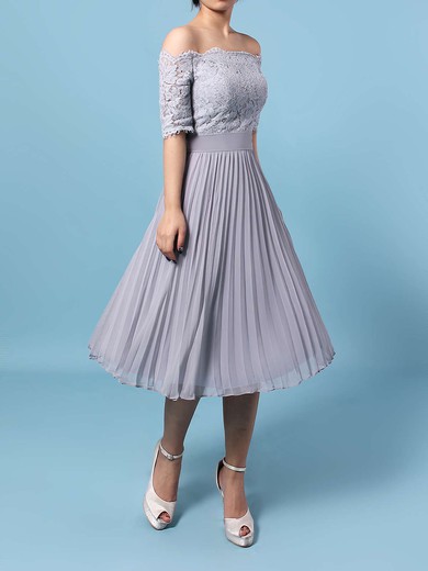 A-line Off-the-shoulder Lace Chiffon Tea-length Sashes / Ribbons Bridesmaid Dresses #Milly01013516