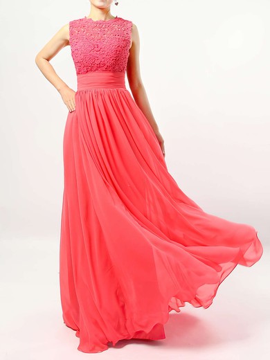 A-line Scalloped Neck Chiffon Tulle Floor-length Lace Bridesmaid Dresses #Milly01013519