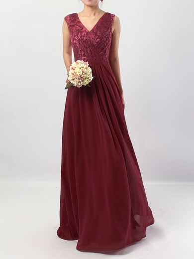 A-line V-neck Lace Chiffon Floor-length Ruffles Bridesmaid Dresses #Milly01013566
