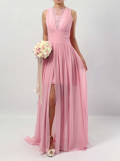 A-line Scoop Neck Chiffon Tulle Floor-length Lace Bridesmaid Dresses #Milly01013588