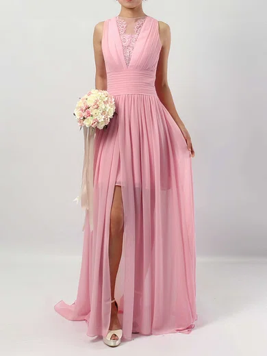 A-line Scoop Neck Chiffon Tulle Floor-length Lace Bridesmaid Dresses #Milly01013588