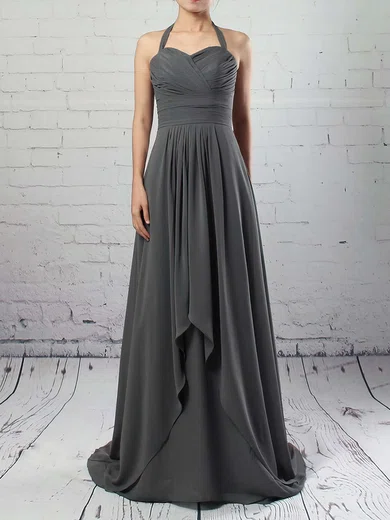 A-line Halter Chiffon Sweep Train Ruffles Bridesmaid Dresses #Milly01013593