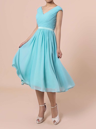 A-line V-neck Chiffon Tea-length Sashes / Ribbons Bridesmaid Dresses #Milly01013475