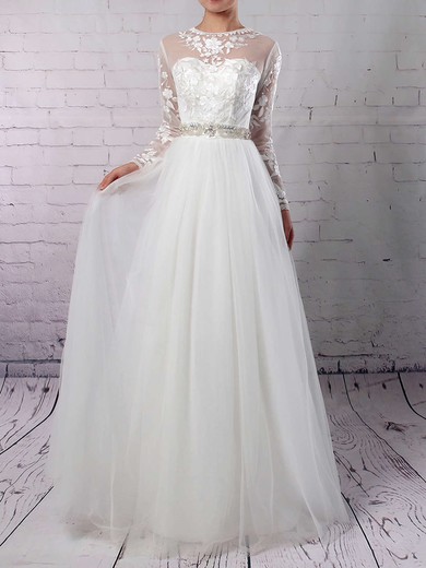 A-line Scoop Neck Tulle Floor-length Appliques Lace Wedding Dresses #Milly00023127