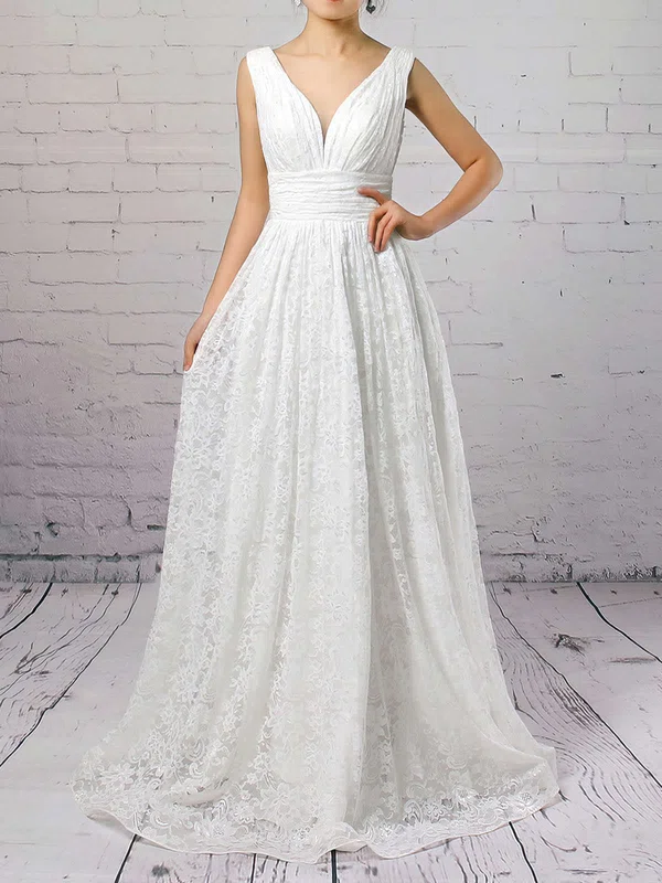 A-line V-neck Lace Floor-length Wedding Dresses With Ruffles #Milly00023128