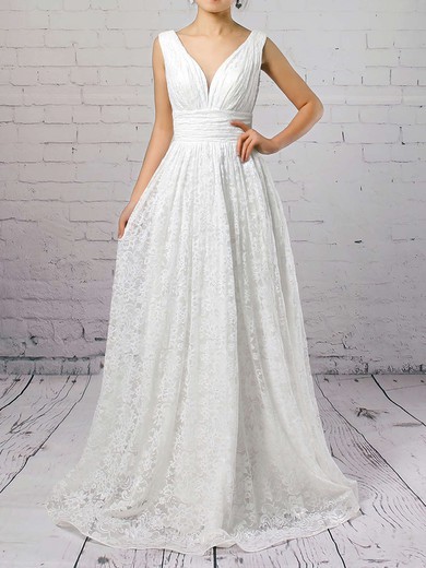 A-line V-neck Lace Floor-length Wedding Dresses With Ruffles #Milly00023128