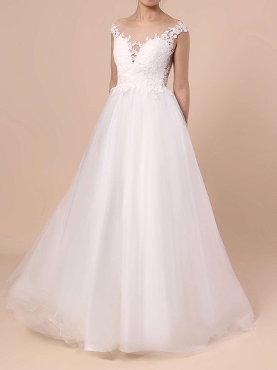 Princess Scoop Neck Tulle Sweep Train Appliques Lace Wedding Dresses #Milly00023132