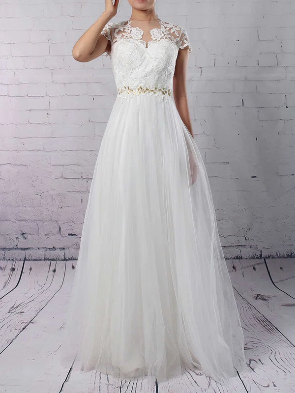 A-line Illusion Tulle Floor-length Wedding Dresses With Beading #Milly00023133