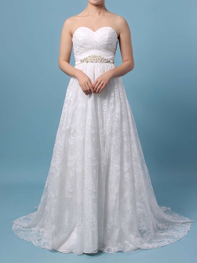 A-line Sweetheart Lace Sweep Train Sashes / Ribbons Wedding Dresses #Milly00023136