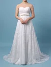 A-line Sweetheart Lace Sweep Train Wedding Dresses With Sashes / Ribbons #Milly00023136