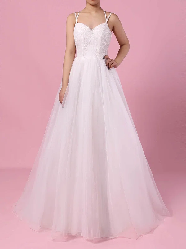 A-line V-neck Tulle Sweep Train Lace Wedding Dresses #Milly00023138
