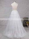A-line V-neck Tulle Sweep Train Lace Wedding Dresses #Milly00023138