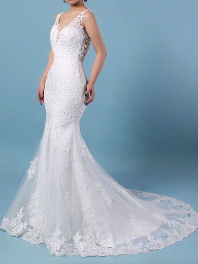 Trumpet/Mermaid V-neck Tulle Sweep Train Wedding Dresses With Beading #Milly00023148