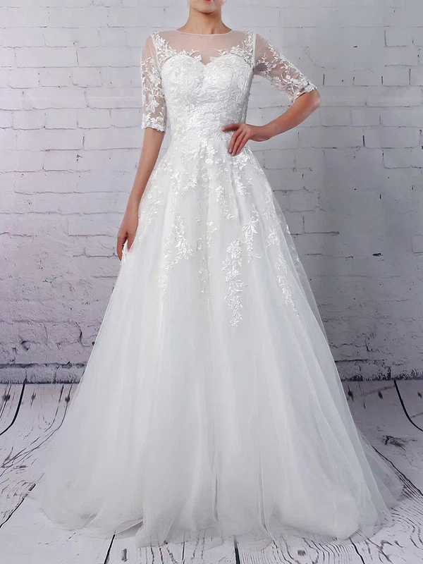 Ball Gown Illusion Tulle Sweep Train Wedding Dresses With Beading #Milly00023168