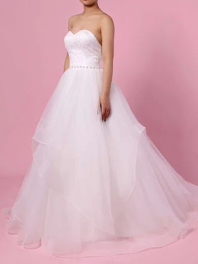 Ball Gown/Princess Sweetheart Lace Tulle Sweep Train Wedding Dresses With Cascading Ruffles #Milly00023172