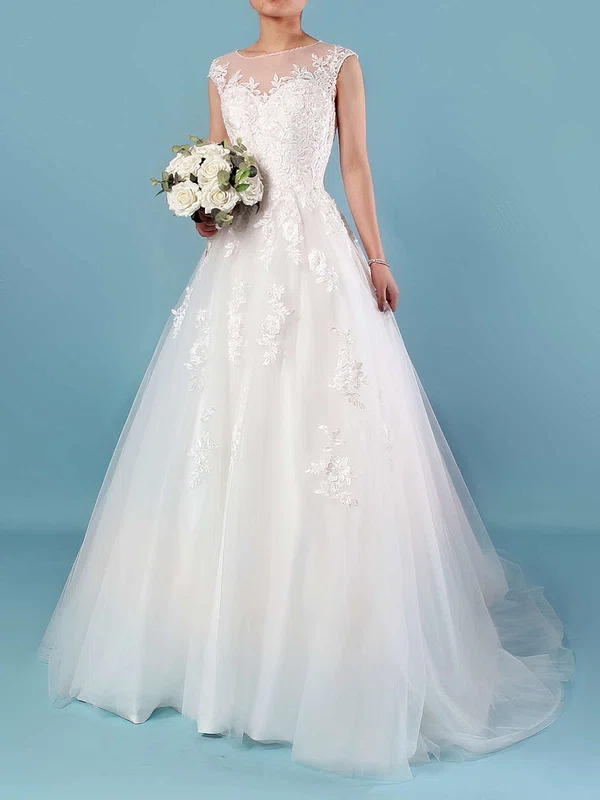 Ball Gown Illusion Tulle Sweep Train Wedding Dresses With Appliques Lace #Milly00023174