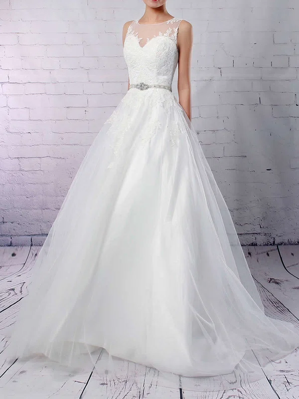 Ball Gown Illusion Tulle Sweep Train Wedding Dresses With Appliques Lace #Milly00023178