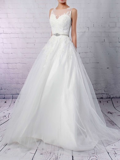 Princess Scoop Neck Tulle Sweep Train Beading Wedding Dresses #Milly00023178