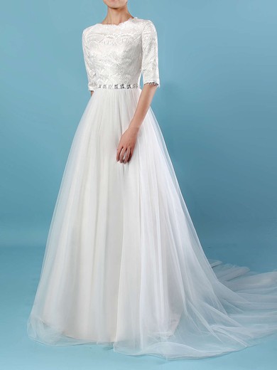 A-line Scalloped Neck Lace Tulle Sweep Train Beading Wedding Dresses #Milly00023179