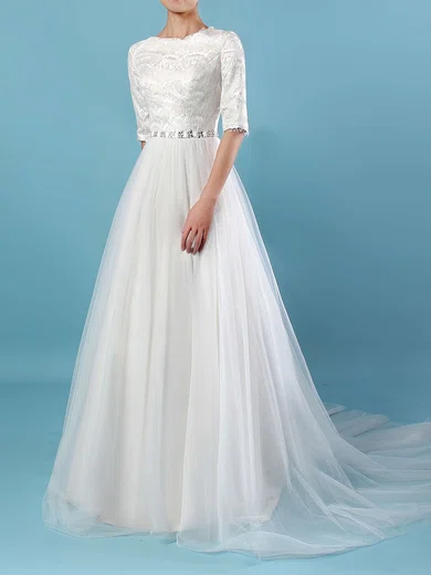 Ball Gown/Princess scoop Neck Tulle Sweep Train Wedding Dresses With Beading #Milly00023179