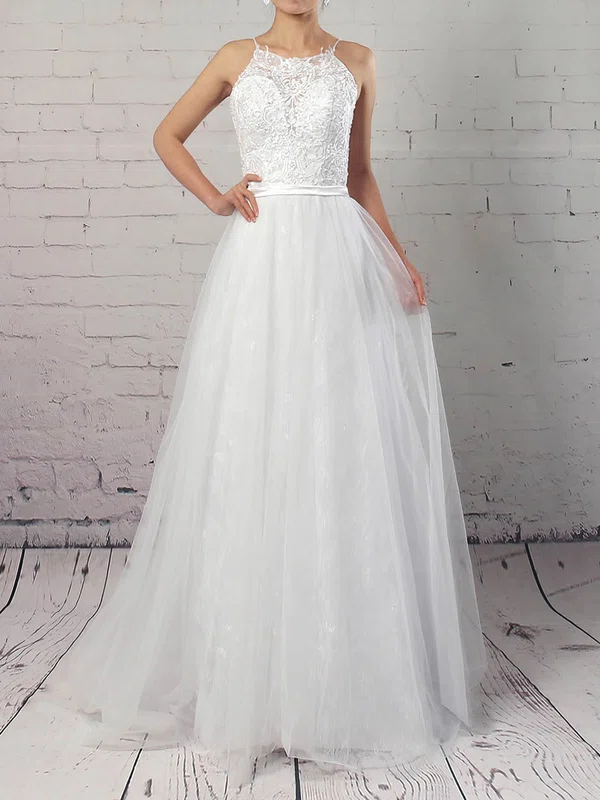 Ball Gown Scoop Neck Lace Tulle Sweep Train Wedding Dresses With Sashes / Ribbons #Milly00023184