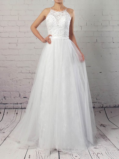 A-line Scoop Neck Lace Tulle Sweep Train Appliques Lace Wedding Dresses #Milly00023184