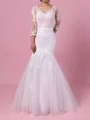 Trumpet/Mermaid V-neck Tulle Sweep Train Wedding Dresses With Appliques Lace #Milly00023194